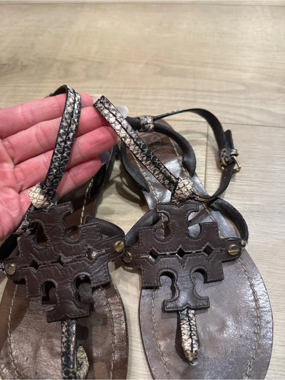 Tory Burch Dark Brown Leather Logo T-Strap Sandals